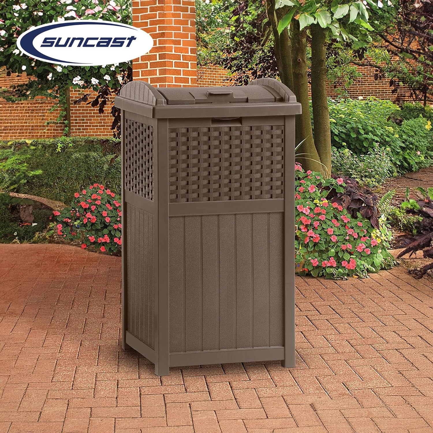 33 Gallon Commercial Outdoor Trashcan Hideaway with Lid for 30 to 33 Gallon Trash Bags for Garage, Backyard, or Garden, Brown