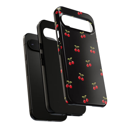 Cherry Pattern Phone Case — Slim Black Protective iPhone Case with Red Cherries for Iphone, Samsung Galaxy and Pixel