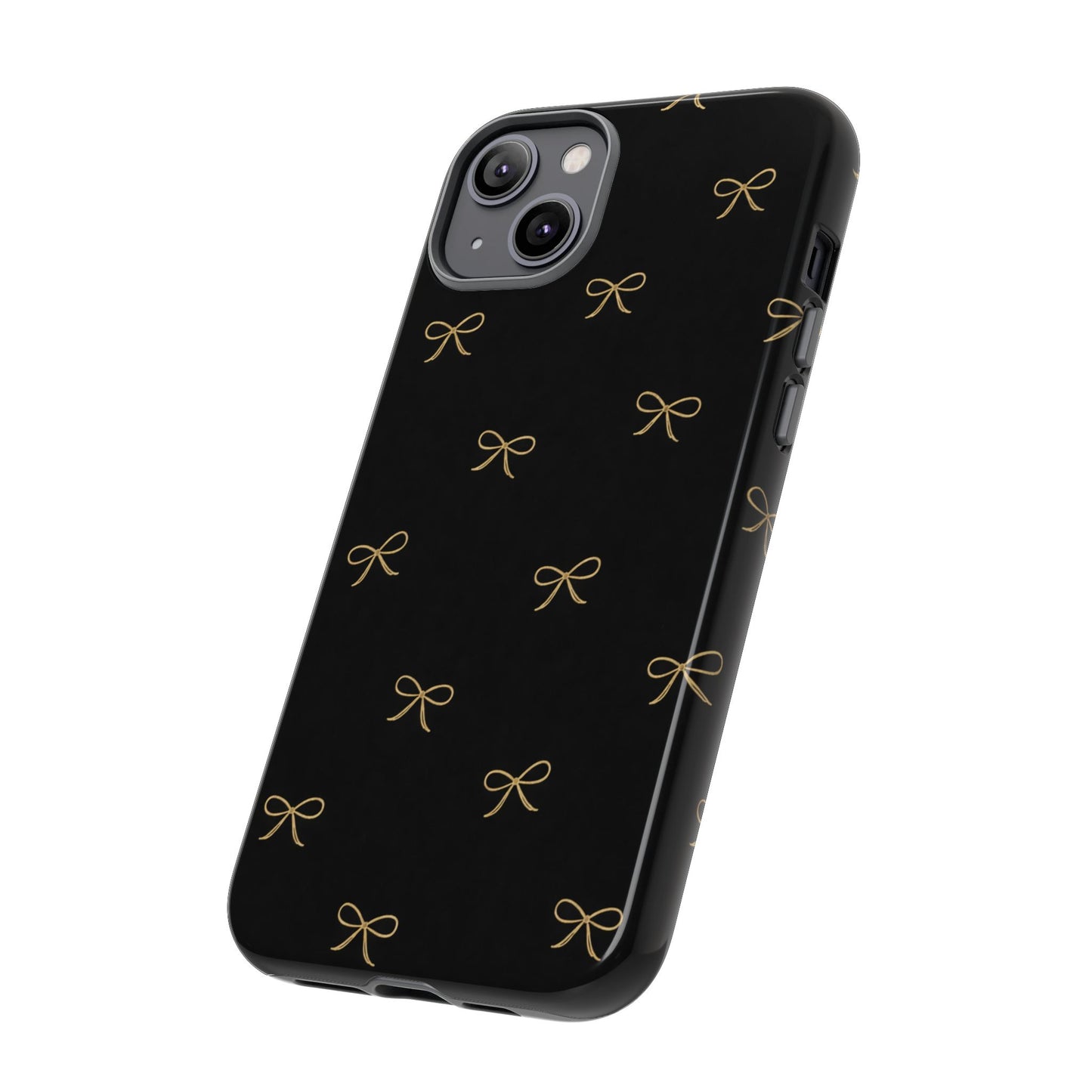 Black Phone Case with Gold Bow Pattern – Slim Protective Cute Aesthetic Cover for Iphone, Samsung Galaxy and Pixel