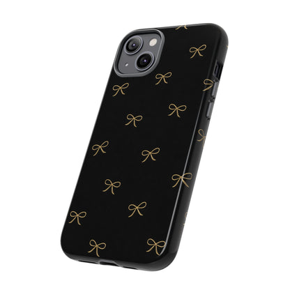Black Phone Case with Gold Bow Pattern – Slim Protective Cute Aesthetic Cover for Iphone, Samsung Galaxy and Pixel