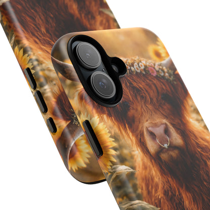 Highland Cow Sunflower Phone Case | Floral Farmhouse iPhone, Samsung Galaxy and Pixel Cover