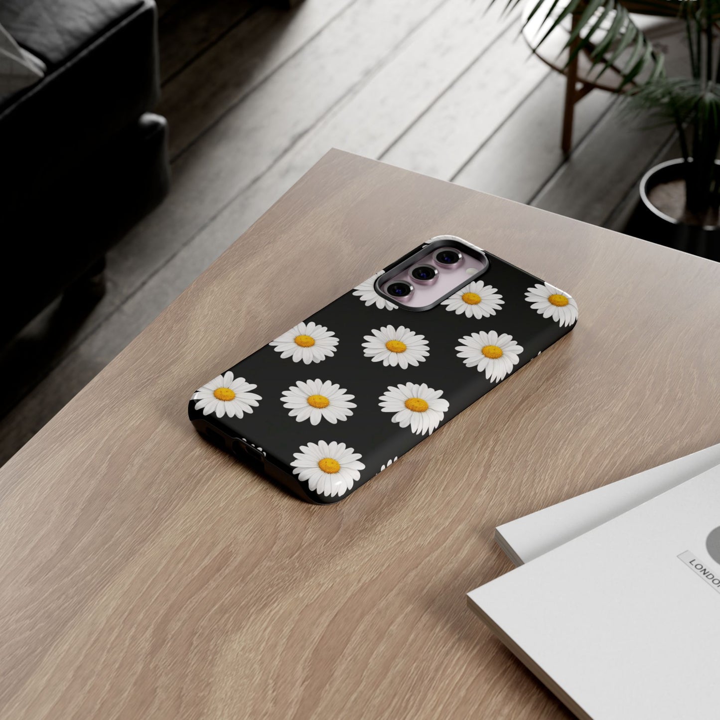 Black Daisy Floral Tough Phone Case – Cute Protective Cover for Iphone, Samsung Galaxy and Pixel