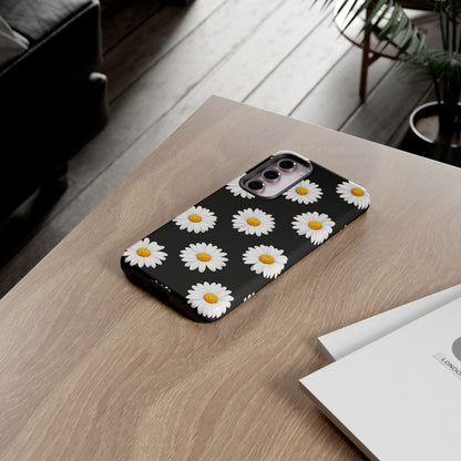 Black Daisy Floral Tough Phone Case – Cute Protective Cover for Iphone, Samsung Galaxy and Pixel