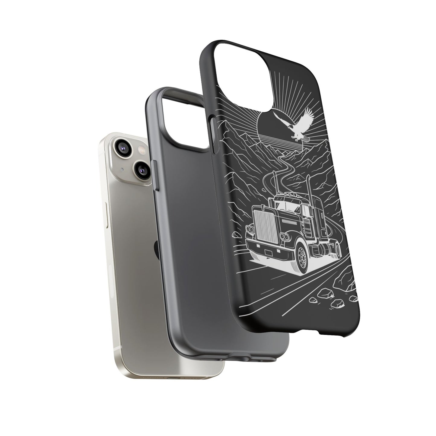 Trucker Highway Phone Case | Eagle & Mountain Line Art | Black Western Tough Case