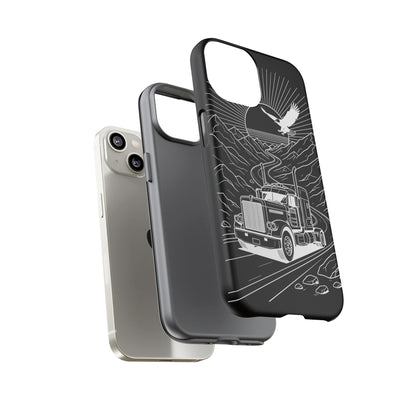 Trucker Highway Phone Case | Eagle & Mountain Line Art | Black Western Tough Case