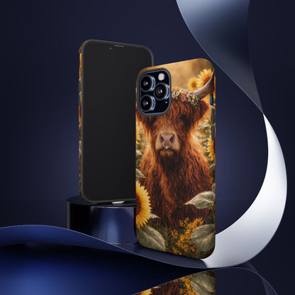 Highland Cow Sunflower Phone Case | Floral Farmhouse iPhone, Samsung Galaxy and Pixel Cover
