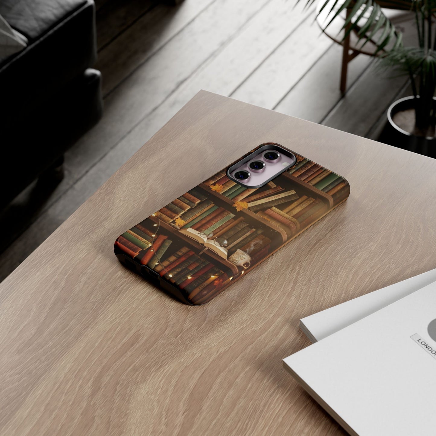 Cozy Vintage Bookshelf Phone Case, Library Aesthetic Book Stack, Autumn Coffee Vibes (iPhone, Samsung, Pixel)