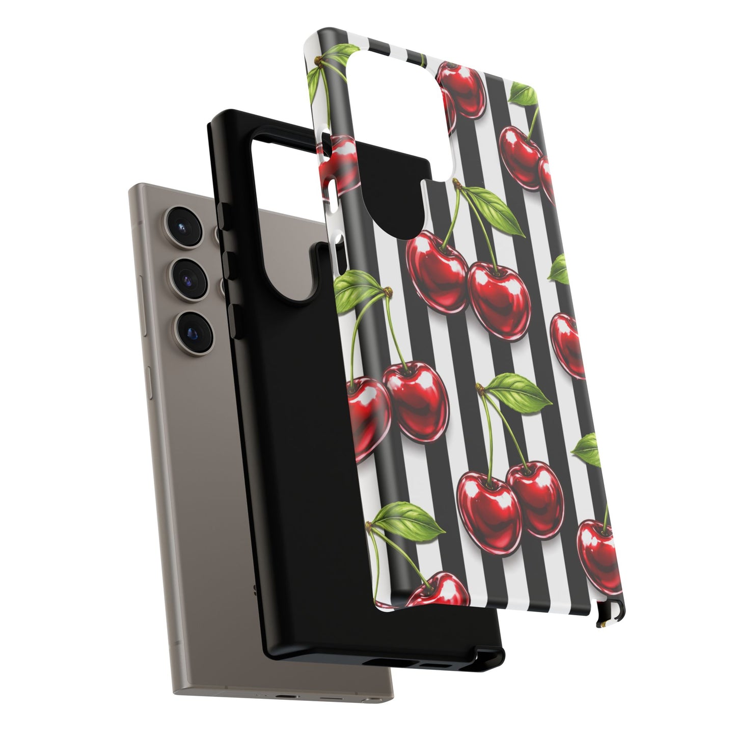 Cherry Pattern Phone Case Black White Stripe Retro Aesthetic Tough Cover