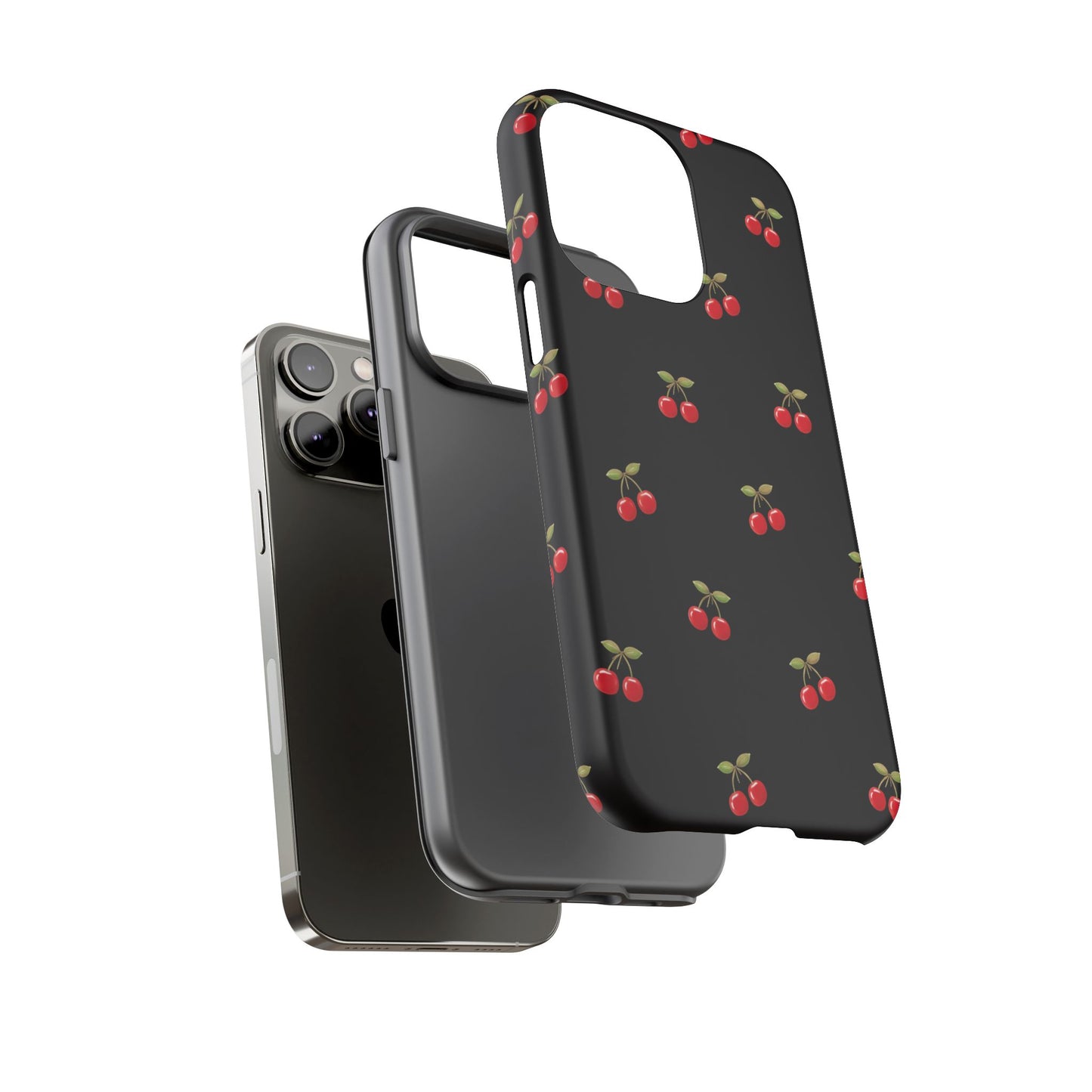 Cherry Pattern Phone Case — Slim Black Protective iPhone Case with Red Cherries for Iphone, Samsung Galaxy and Pixel