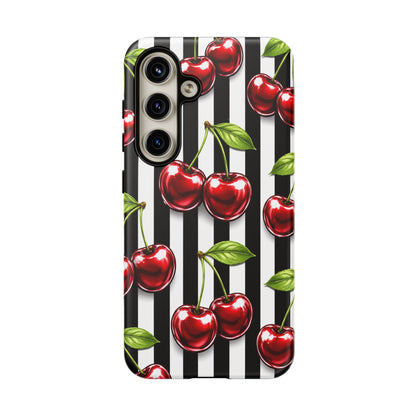 Cherry Pattern Phone Case Black White Stripe Retro Aesthetic Tough Cover