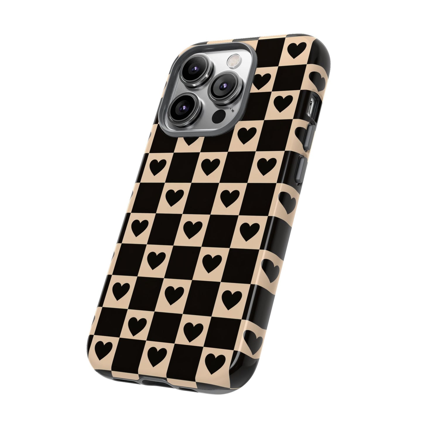 Checkerboard Heart Phone Case – Black & Beige Cute Aesthetic Protective Cover for Iphone, Samsung Galaxy and Pixel
