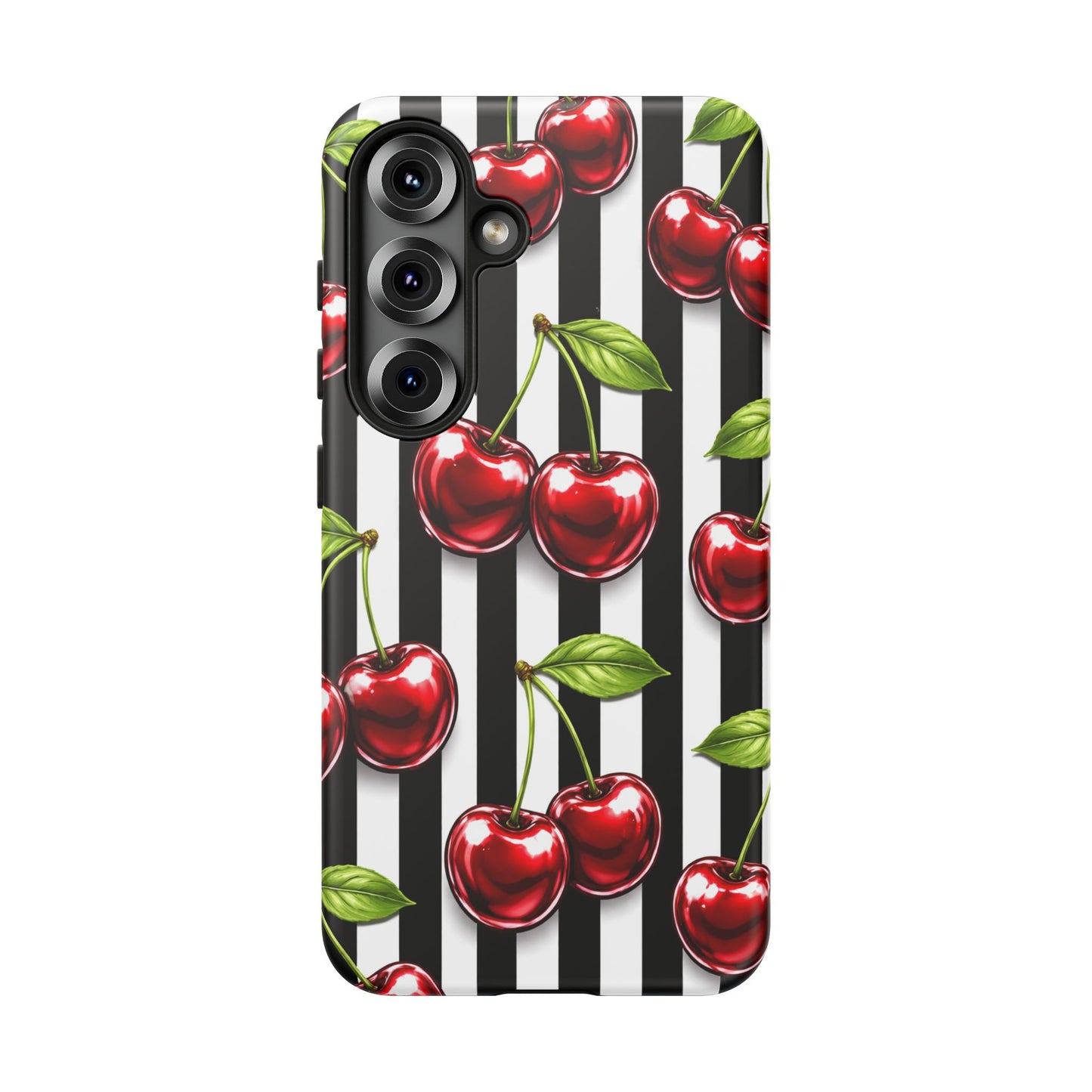 Cherry Pattern Phone Case Black White Stripe Retro Aesthetic Tough Cover