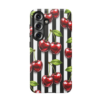 Cherry Pattern Phone Case Black White Stripe Retro Aesthetic Tough Cover