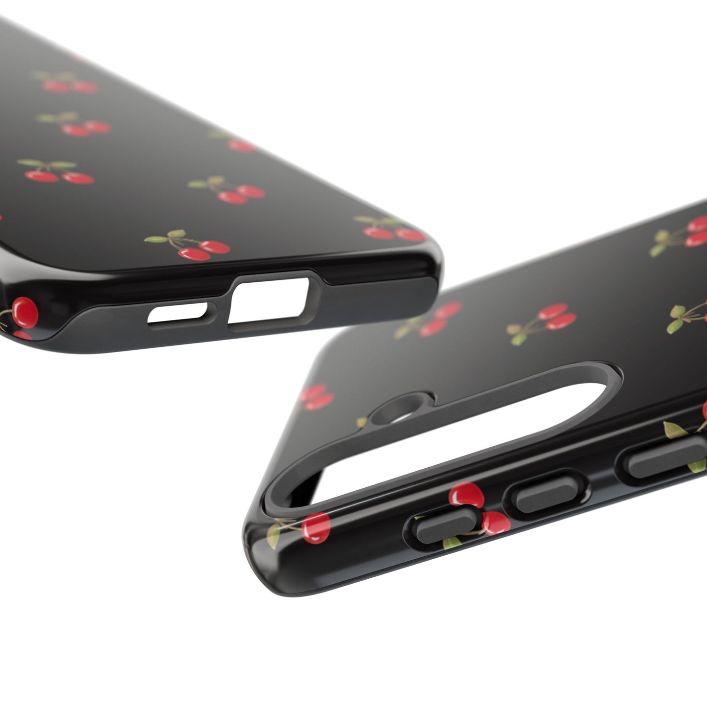 Cherry Pattern Phone Case — Slim Black Protective iPhone Case with Red Cherries for Iphone, Samsung Galaxy and Pixel