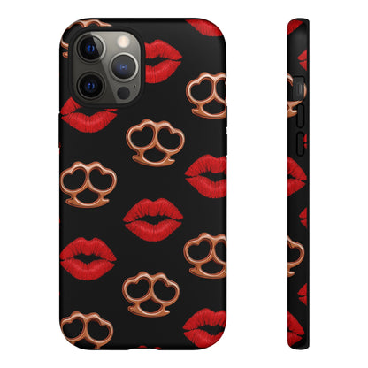 Red Lipstick & Knuckle Duster Phone Case | Bold Kiss Print Tough Protective Cover for Iphone, Samsung Galaxy and Pixel
