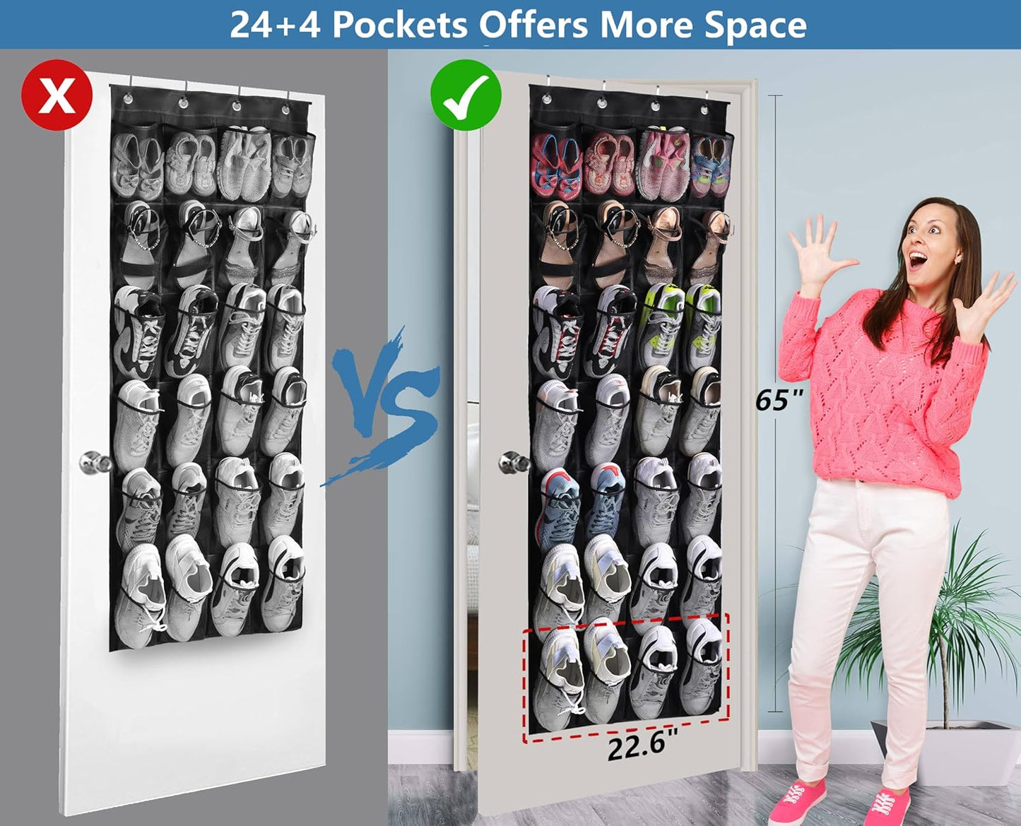 28 Large Pockets Hanging Shoe Organizer over the Door Shoe Rack for Closet Door Storage Mesh Shoe Holder Hanger for Men, Black