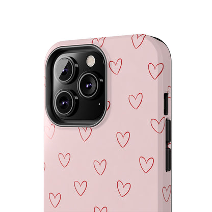 Pink Doodle Hearts Phone Case | Minimal Cute Heart Pattern Tough Case