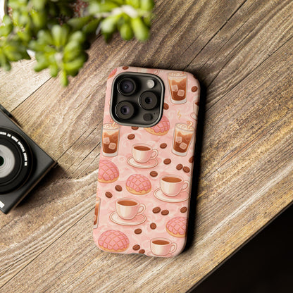 Cute Coffee & Pink Concha Phone Case – Coffee Lover Aesthetic Latte Pattern Tough Case