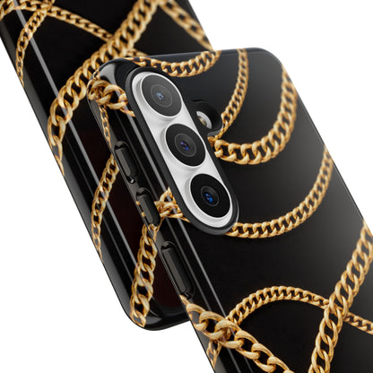 Luxury Gold Chain Phone Case – Black Designer Style Tough Protective Cover for Iphone, Samsung Galaxy and Pixel