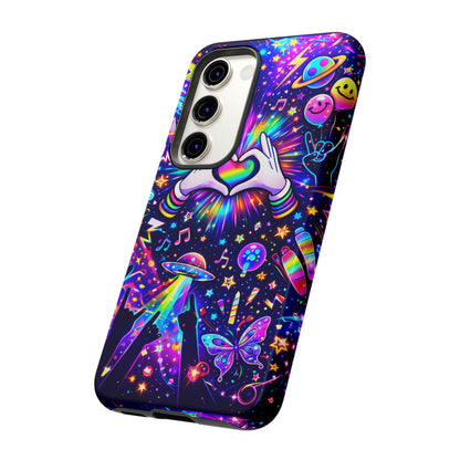Rainbow Heart Hands Phone Case – Neon Galaxy EDM Festival Tough Cover