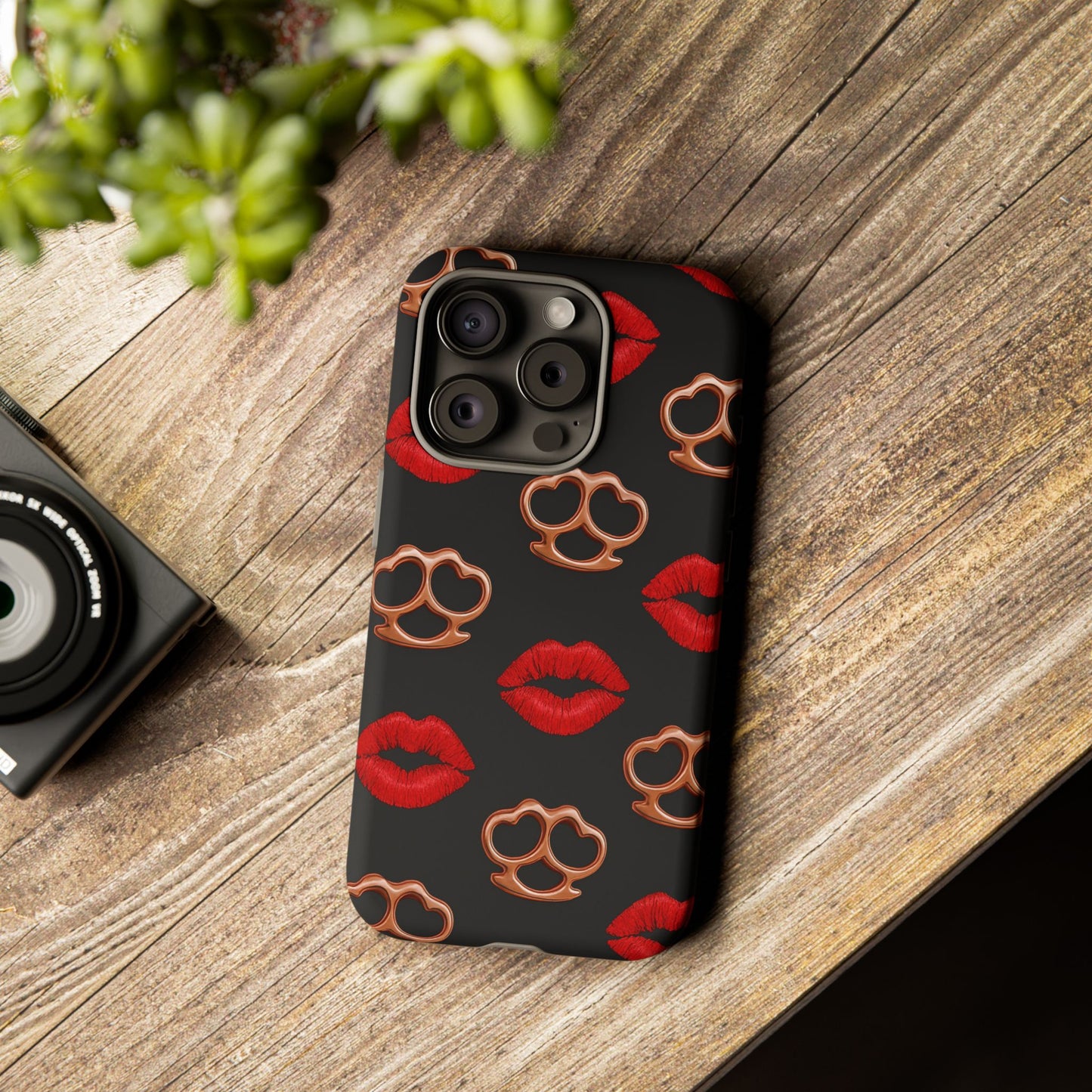 Red Lipstick & Knuckle Duster Phone Case | Bold Kiss Print Tough Protective Cover for Iphone, Samsung Galaxy and Pixel