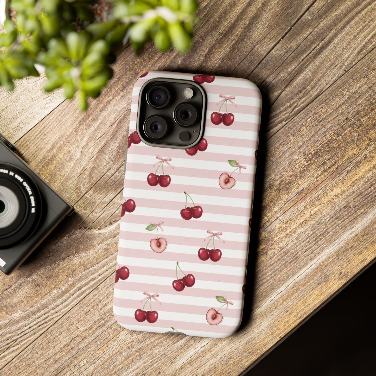 Pink Cherry Stripe Phone Case | Cute Coquette Aesthetic Protective Tough Case