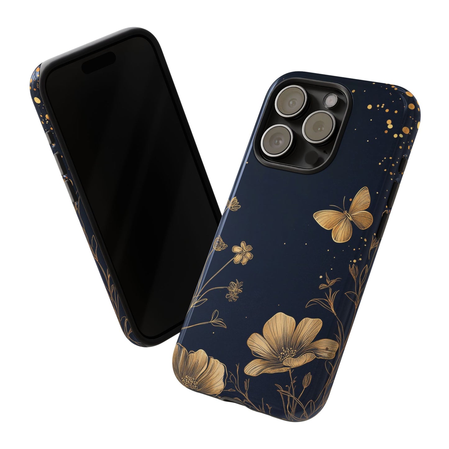 Gold Floral Butterfly Phone Case, Dark Aesthetic Botanical, Elegant Black Luxury iPhone Samsung Cover