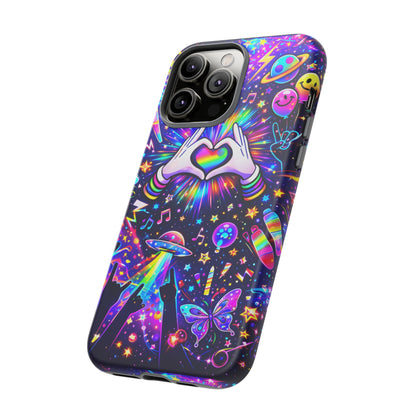Rainbow Heart Hands Phone Case – Neon Galaxy EDM Festival Tough Cover