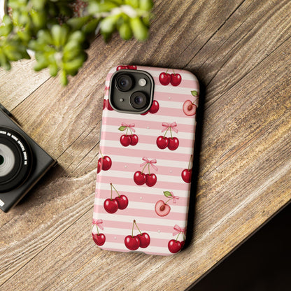 Coquette Cherry Bow Phone Case | Cute Pink Aesthetic Cherry Pattern Tough Case for iPhone & Samsung