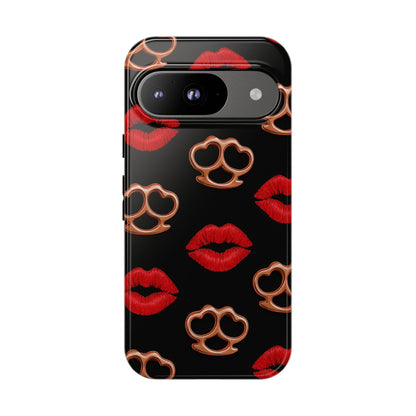 Red Lipstick & Knuckle Duster Phone Case | Bold Kiss Print Tough Protective Cover for Iphone, Samsung Galaxy and Pixel