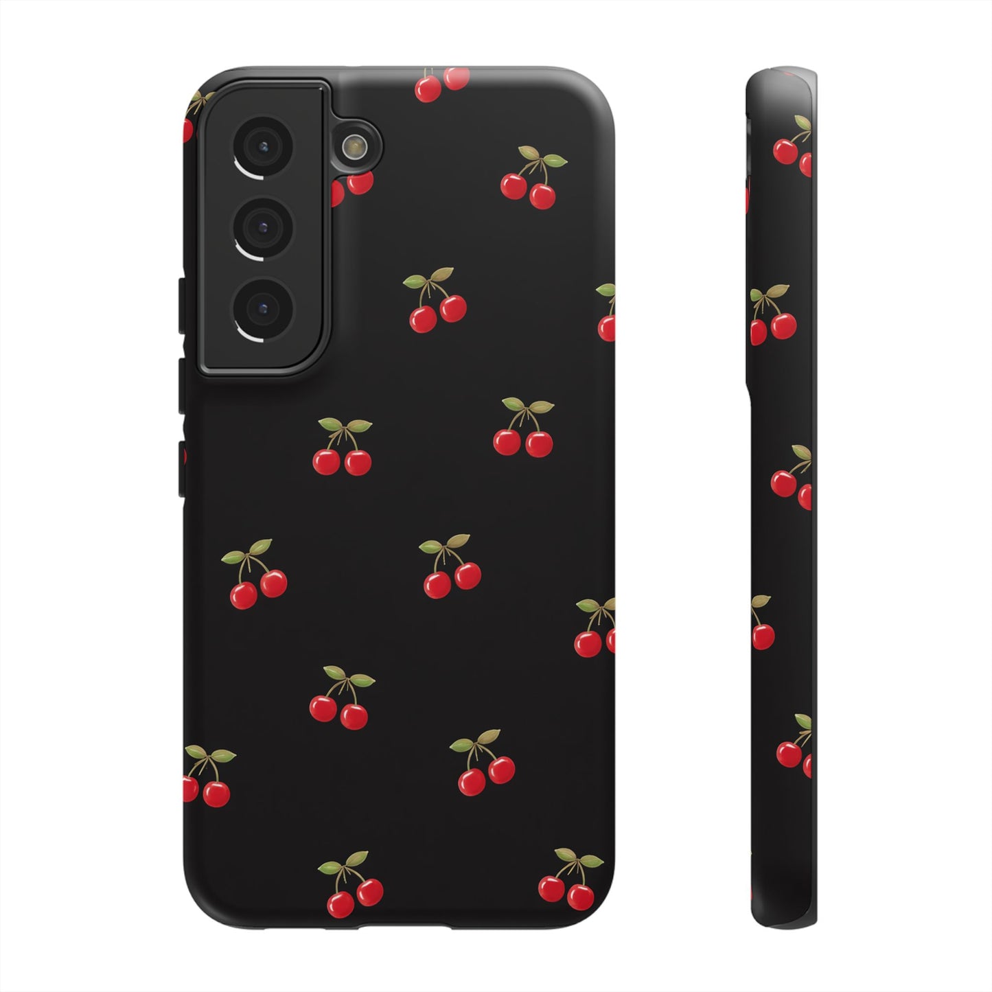 Cherry Pattern Phone Case — Slim Black Protective iPhone Case with Red Cherries for Iphone, Samsung Galaxy and Pixel