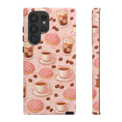 Cute Coffee & Pink Concha Phone Case – Coffee Lover Aesthetic Latte Pattern Tough Case