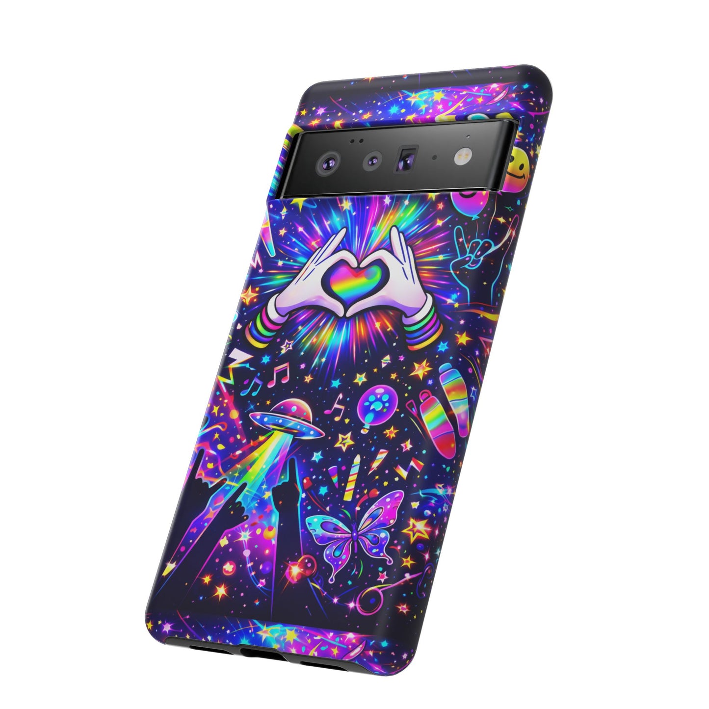 Rainbow Heart Hands Phone Case – Neon Galaxy EDM Festival Tough Cover