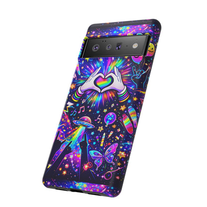 Rainbow Heart Hands Phone Case – Neon Galaxy EDM Festival Tough Cover