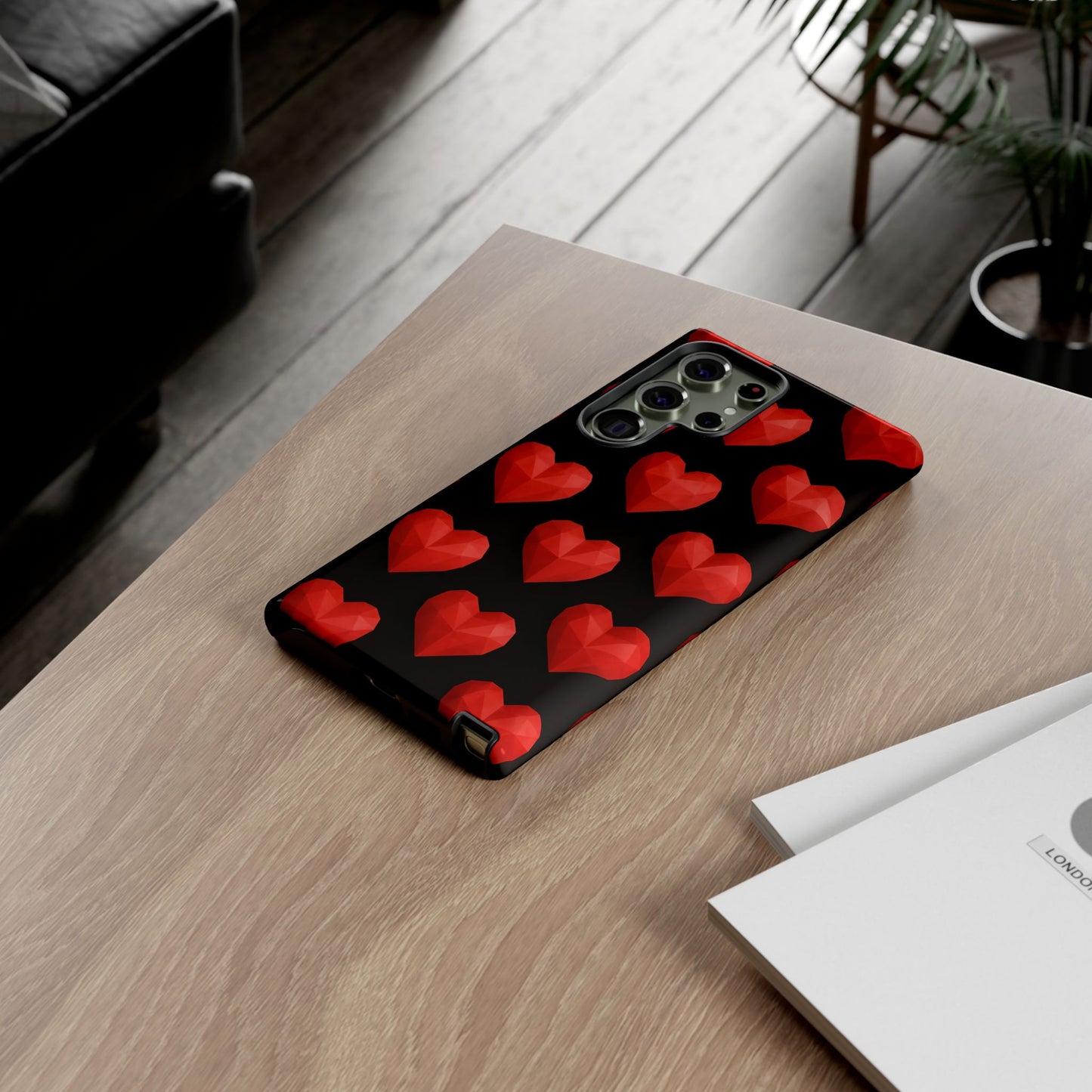 Red Heart Phone Case – Geometric Heart Pattern Tough Case (Black)