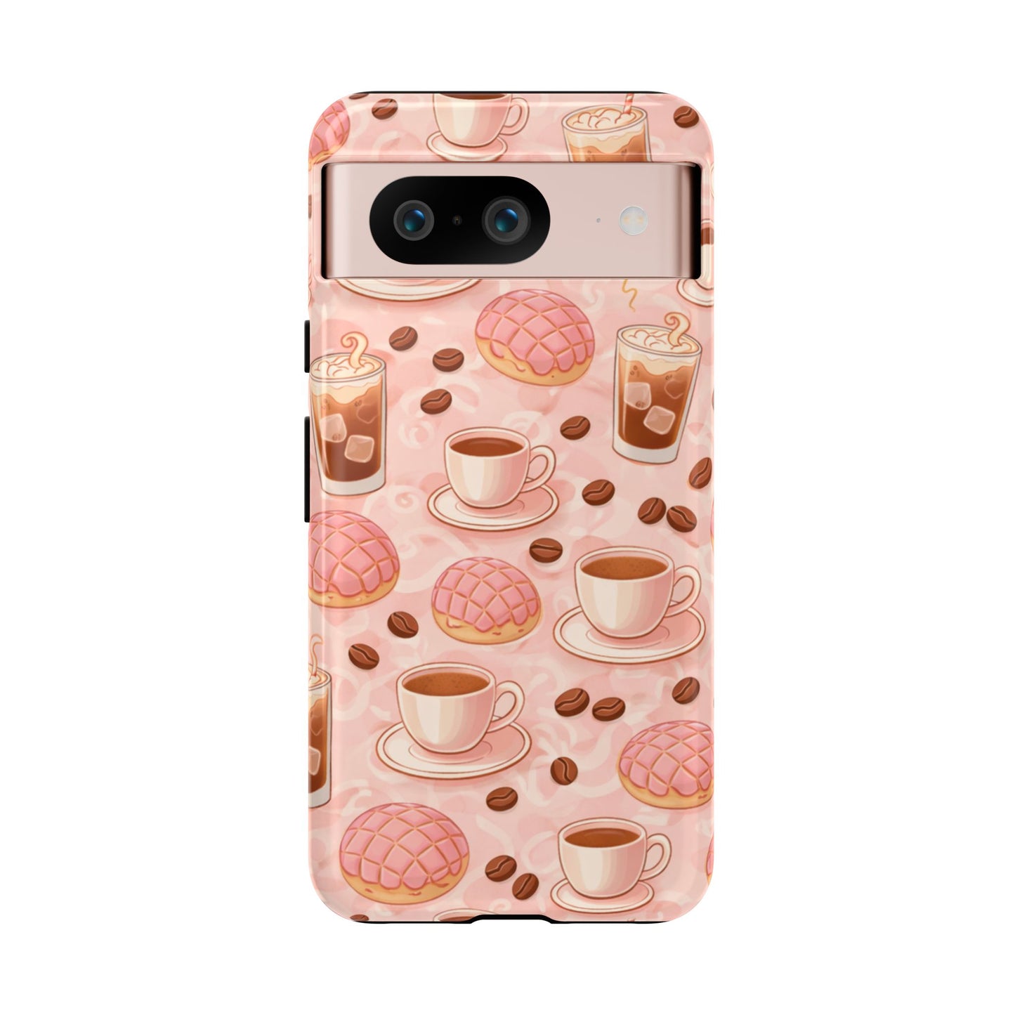Cute Coffee & Pink Concha Phone Case – Coffee Lover Aesthetic Latte Pattern Tough Case