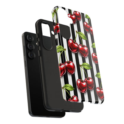 Cherry Pattern Phone Case Black White Stripe Retro Aesthetic Tough Cover