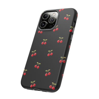 Cherry Pattern Phone Case — Slim Black Protective iPhone Case with Red Cherries for Iphone, Samsung Galaxy and Pixel