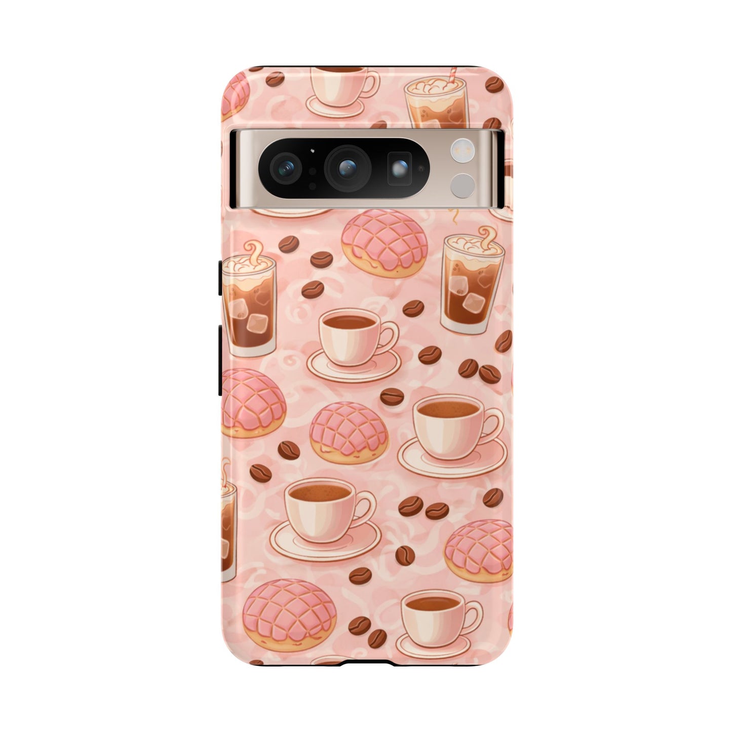 Cute Coffee & Pink Concha Phone Case – Coffee Lover Aesthetic Latte Pattern Tough Case