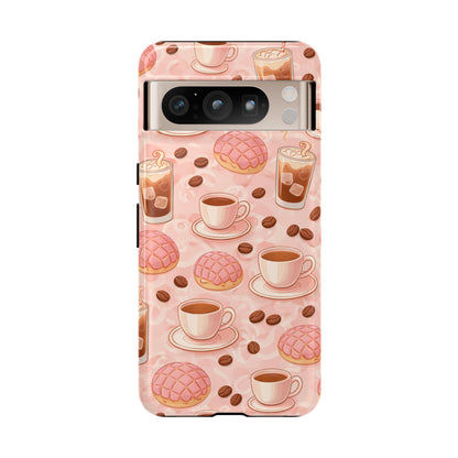 Cute Coffee & Pink Concha Phone Case – Coffee Lover Aesthetic Latte Pattern Tough Case