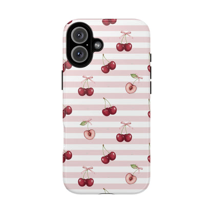 Pink Cherry Stripe Phone Case | Cute Coquette Aesthetic Protective Tough Case