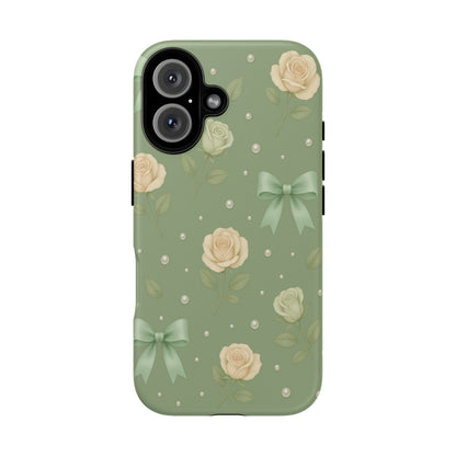 Vintage Rose Bow Phone Case – Sage Green Floral Coquette Aesthetic Tough Case (iPhone, Samsung, Pixel)