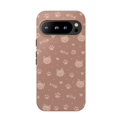 Cute Cat Pattern Phone Case | Paw Prints, Fishbone & Yarn Design Tough Case
