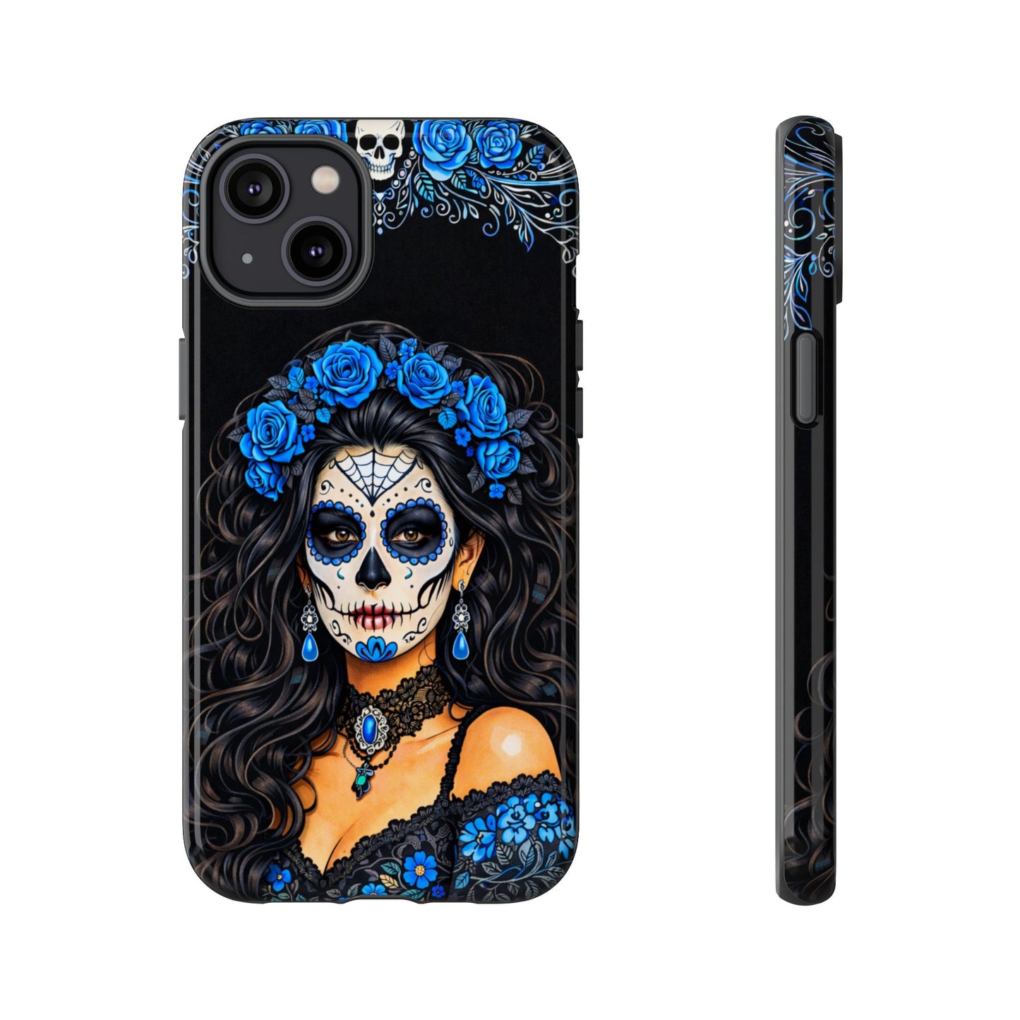 Blue Sugar Skull Woman Phone Case – Day of the Dead Aesthetic Tough Cover