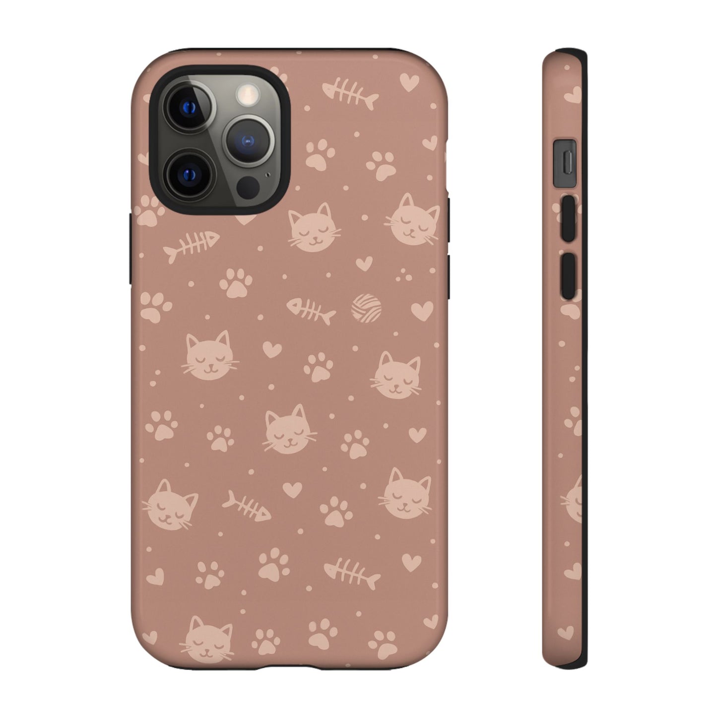 Cute Cat Pattern Phone Case | Paw Prints, Fishbone & Yarn Design Tough Case