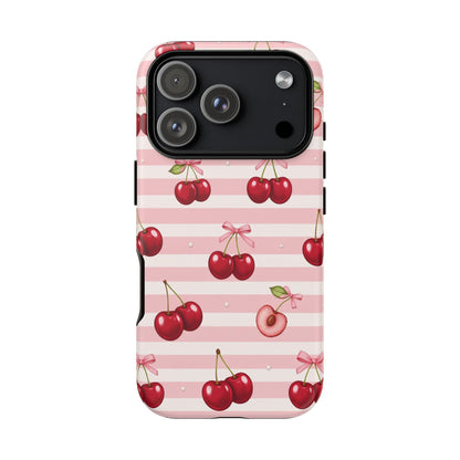 Coquette Cherry Bow Phone Case | Cute Pink Aesthetic Cherry Pattern Tough Case for iPhone & Samsung