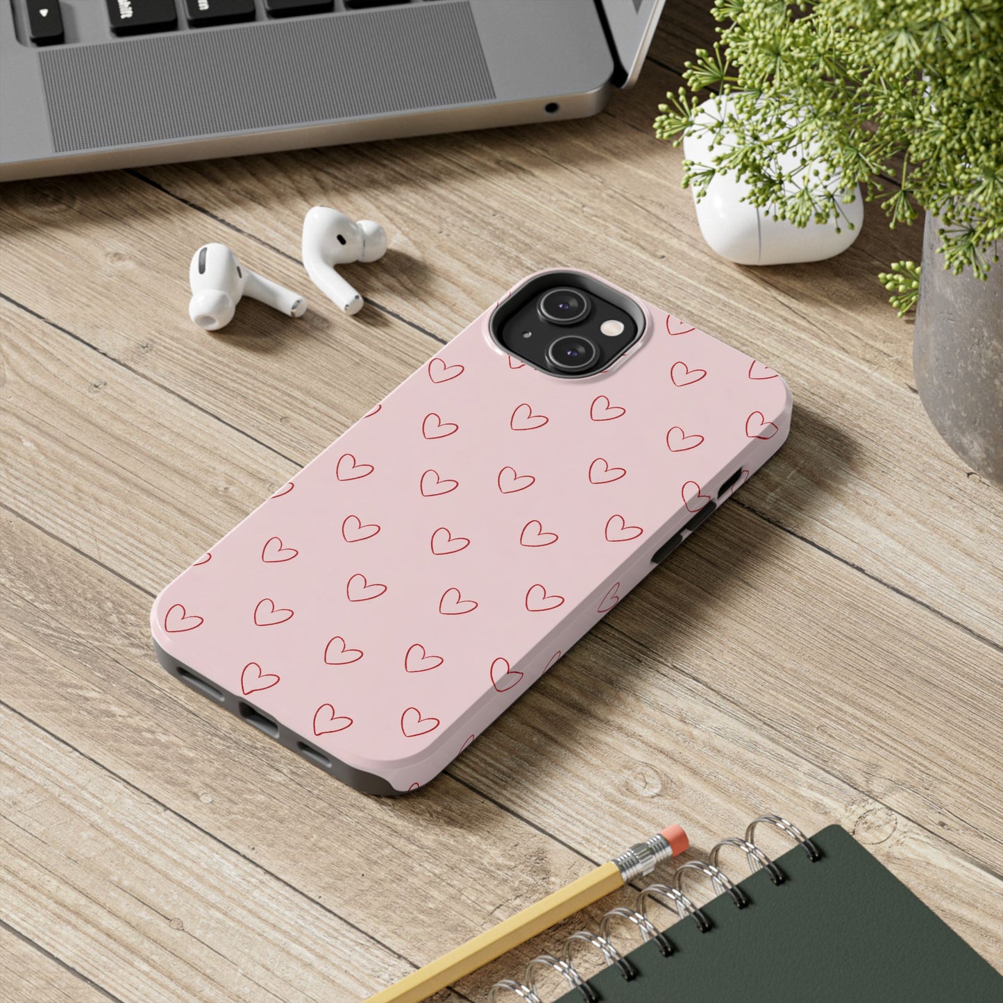Pink Doodle Hearts Phone Case | Minimal Cute Heart Pattern Tough Case