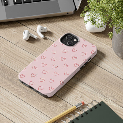 Pink Doodle Hearts Phone Case | Minimal Cute Heart Pattern Tough Case