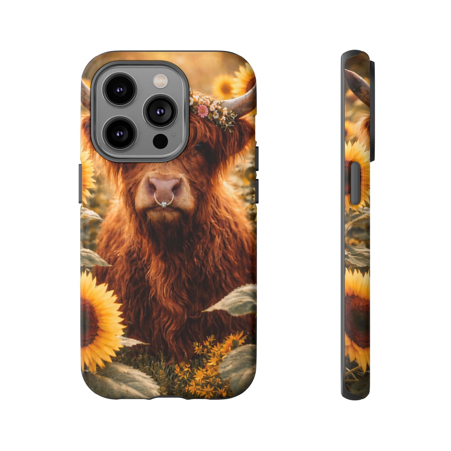 Highland Cow Sunflower Phone Case | Floral Farmhouse iPhone, Samsung Galaxy and Pixel Cover