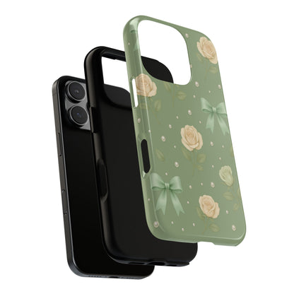 Vintage Rose Bow Phone Case – Sage Green Floral Coquette Aesthetic Tough Case (iPhone, Samsung, Pixel)